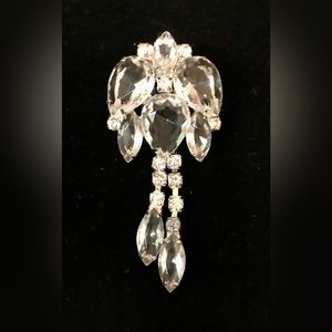 GORGEOUS Vintage Clear Rhinestone Silver Tone Dangle 3” Brooch